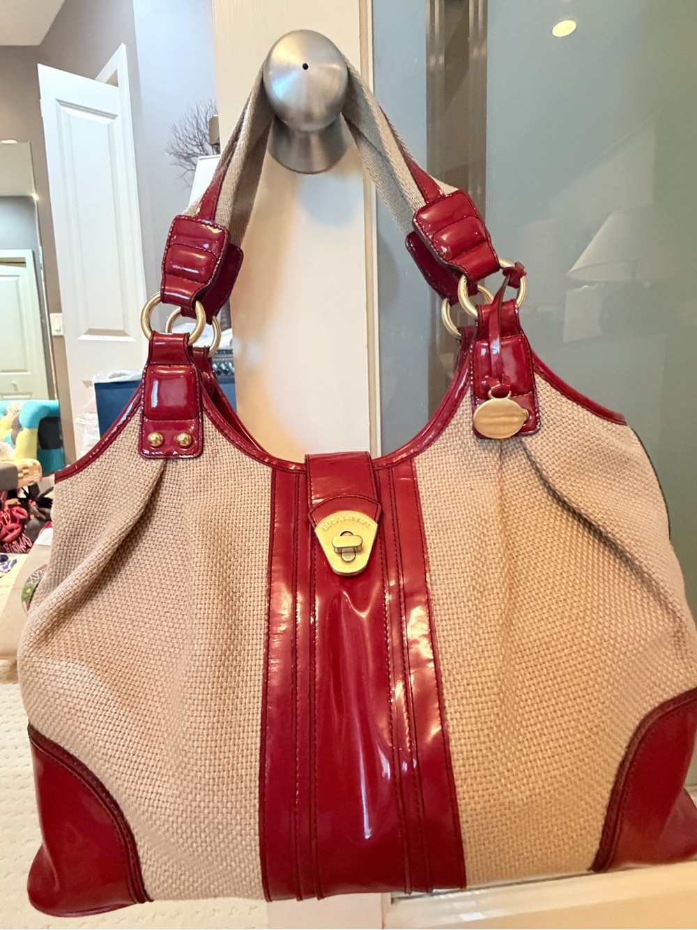 Brahmin Beige Canvas Satchel with Red Patent Leather Trim